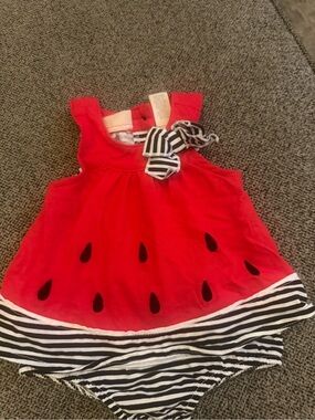 Red Watermelon Baby Dress with Striped Bow